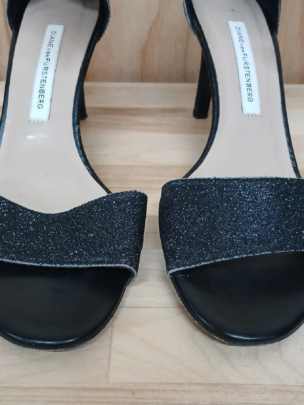 Diane Von Furstenberg Black Glitter Ankle-Strap Stiletto Heels Size 7.5 B